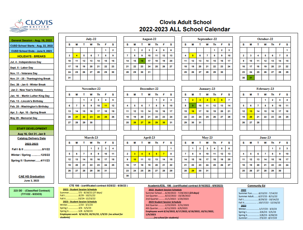 Clovis Adulted Education 2022 - 2023 ALL School Calendar