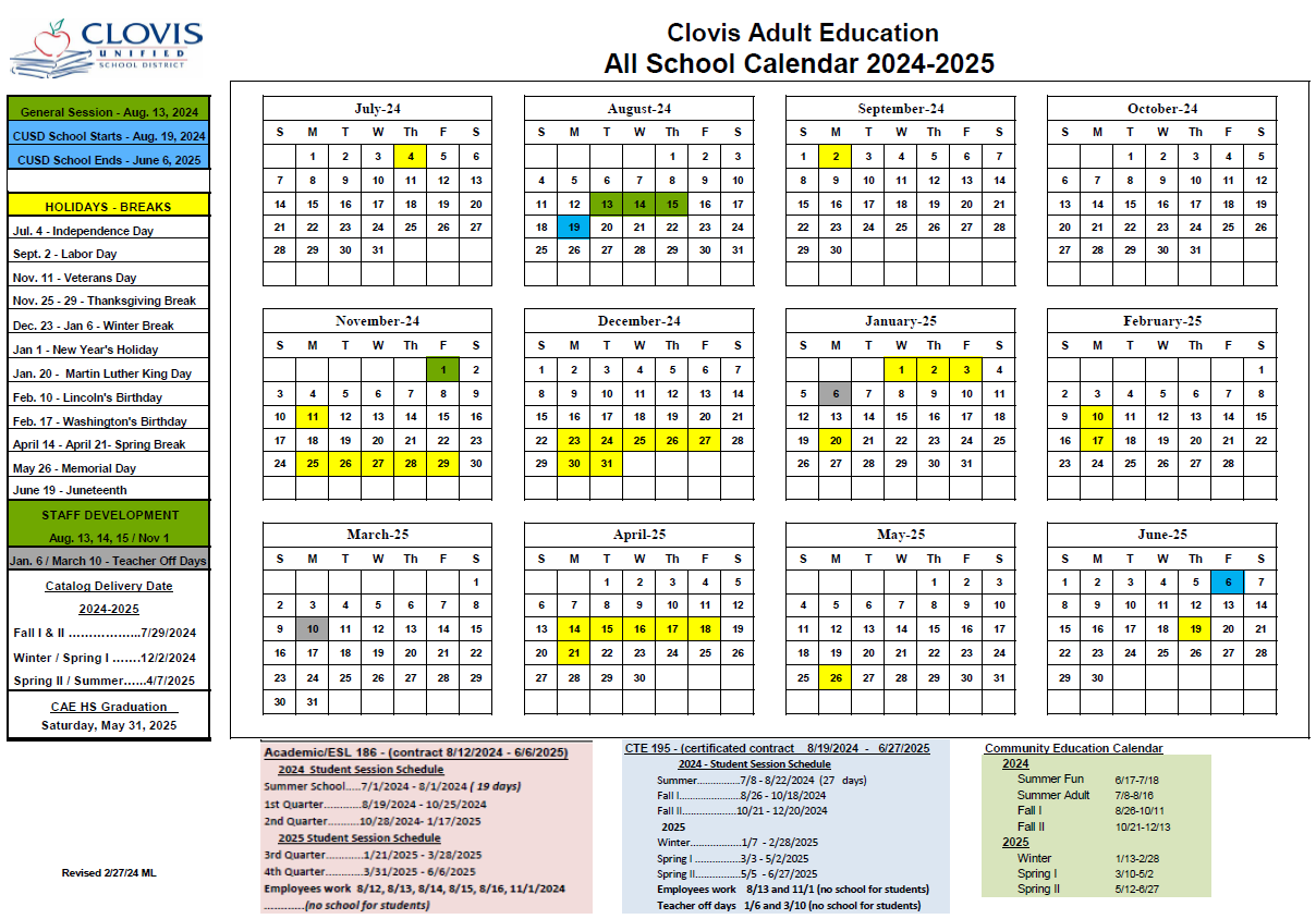 2024/2025 Clovis Adult All School Calendar