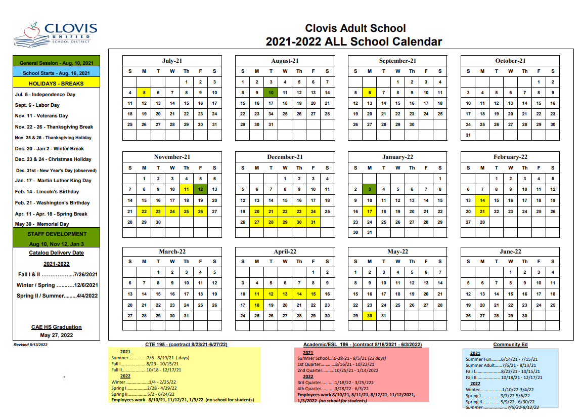 Clovis Adult Education 2021-2022 School Calendar