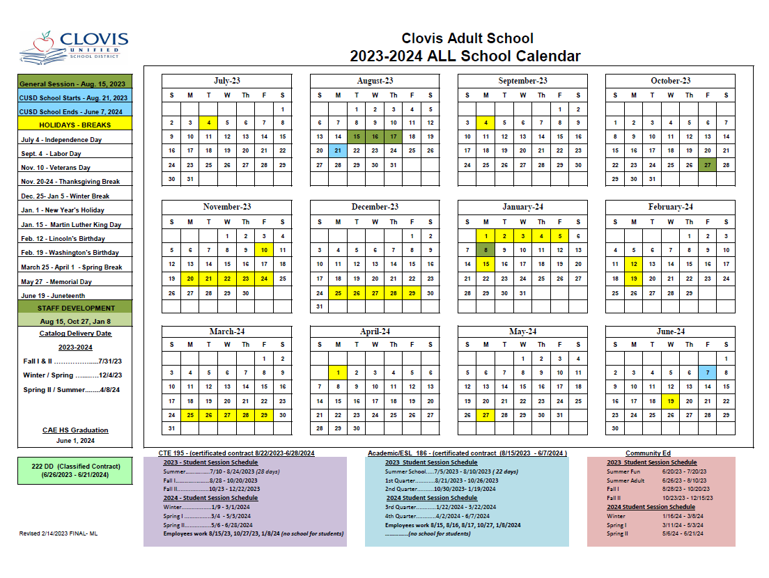 Clovis Adulted Education 2023 - 2024 ALL School Calendars