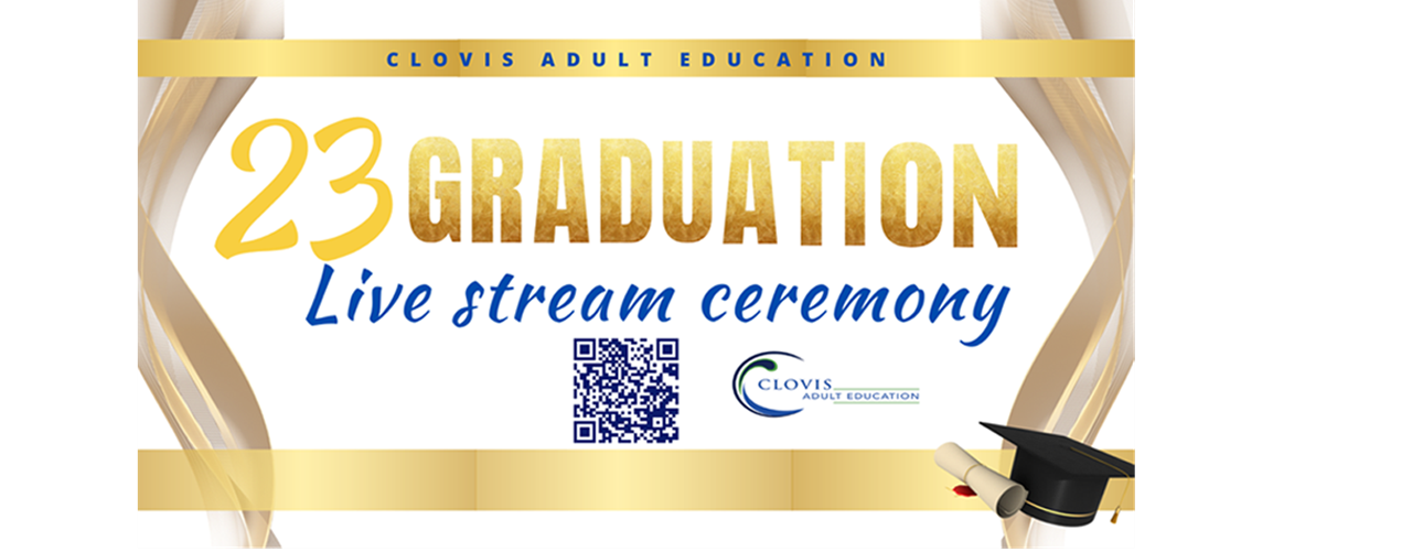 QR code to live stream Clovis Adult Education Class of 2023 High School Graduation; Friday June 3, 2023 at the MET, Clovis CA at 11:00 AM